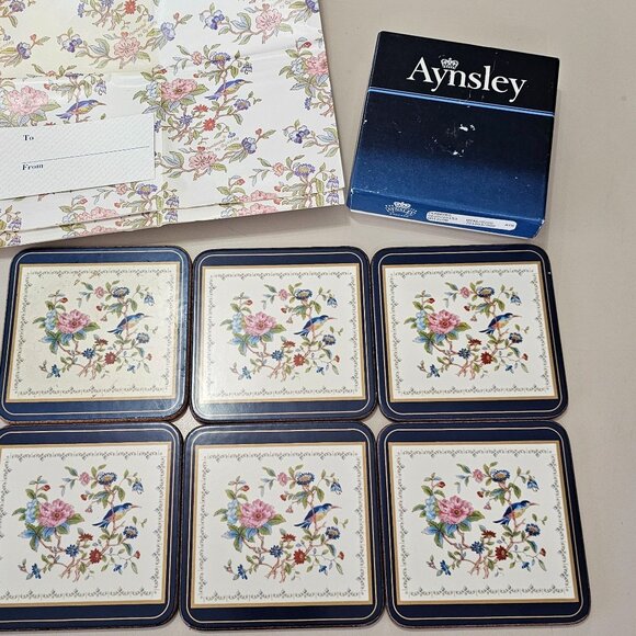 6 Ansley Pembroke Coaster set 4" England floral bird cork backed home bar vtg - Picture 2 of 9